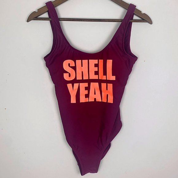 Shell Yeah Wine & Peach Cheeky One-Piece Swimsuit - Picture 5 of 7